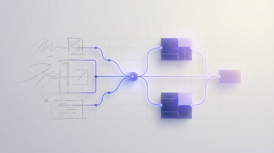 Visual showing fragmented AI twin parts becoming a connected system architecture